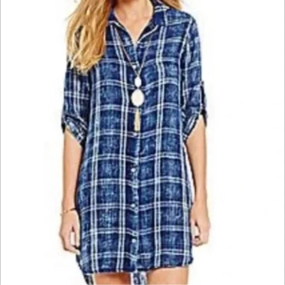 coperni blue dress Women's Wrapped in Cheer Navy Plaid Mini Dress | Size: L main image 0